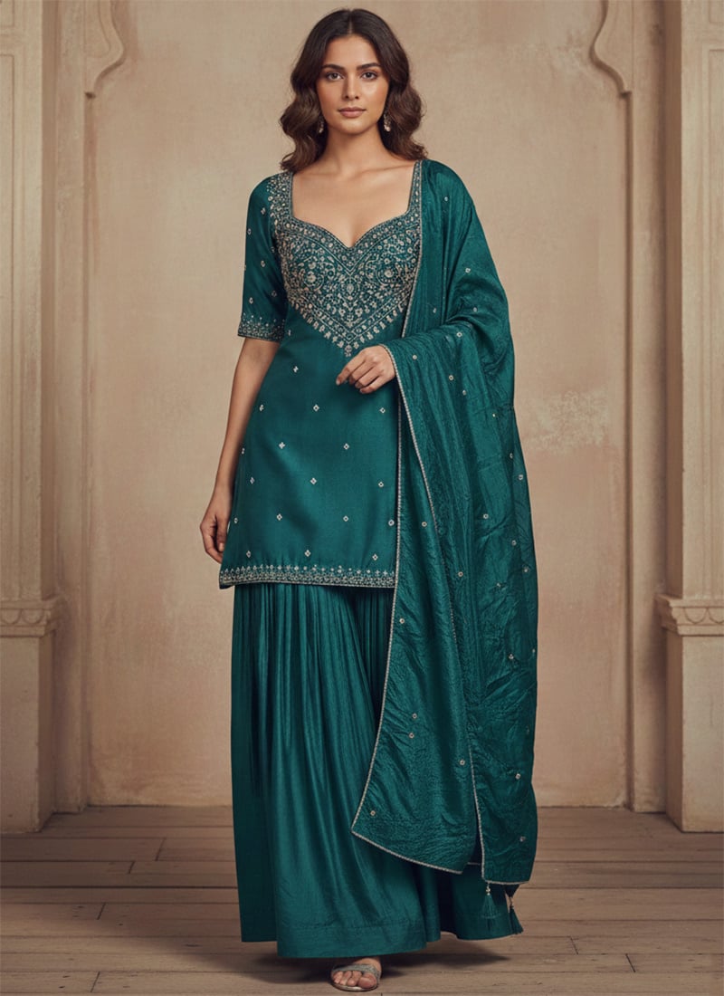 Teal Silk Zari Stone Embellished Palazzo Suit Festive Wear