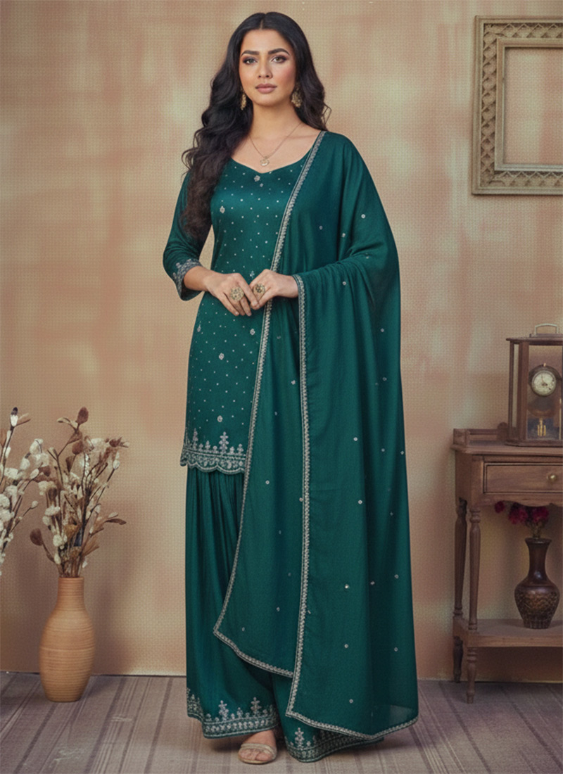 Teal Silk Zari Stone Palazzo Suit Festive Wear