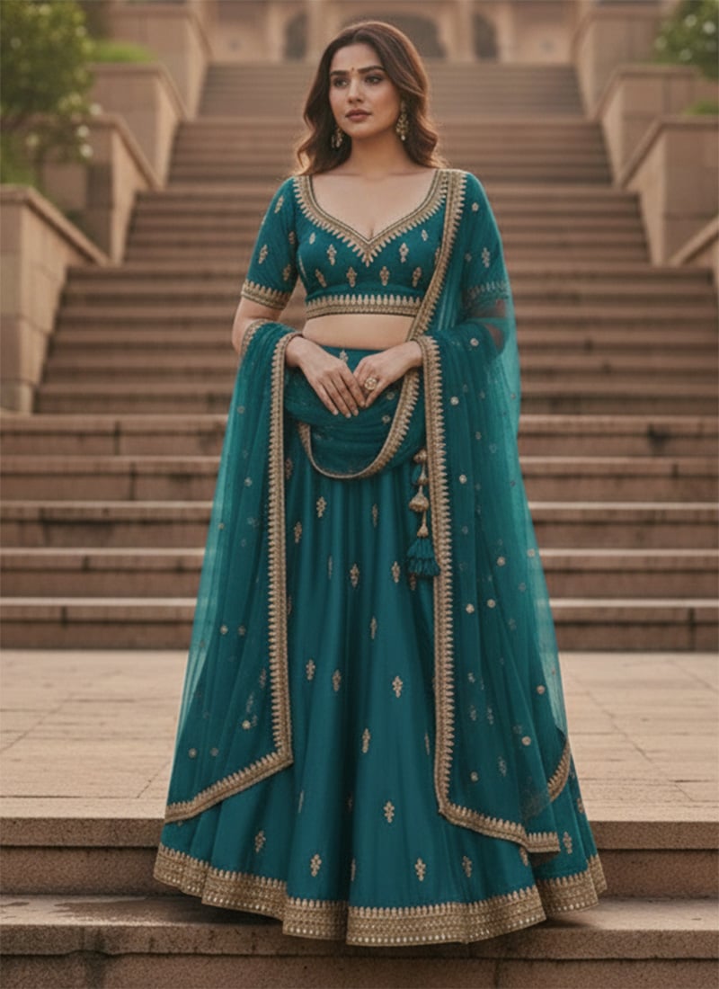 Teal Silk Zari Stones Detailed Umbrella Lehenga Wedding Wear