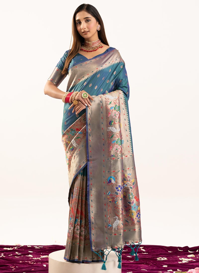 Teal Soft Banarasi Silk Zari Woven Saree Festive Wear