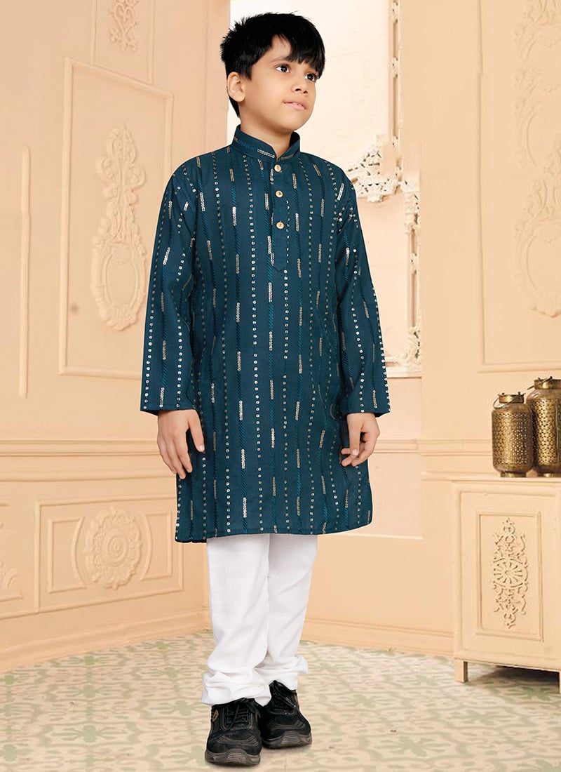 Teal Soft Cotton Sequins Kids Boys Kurta Pyjama Festive Wear