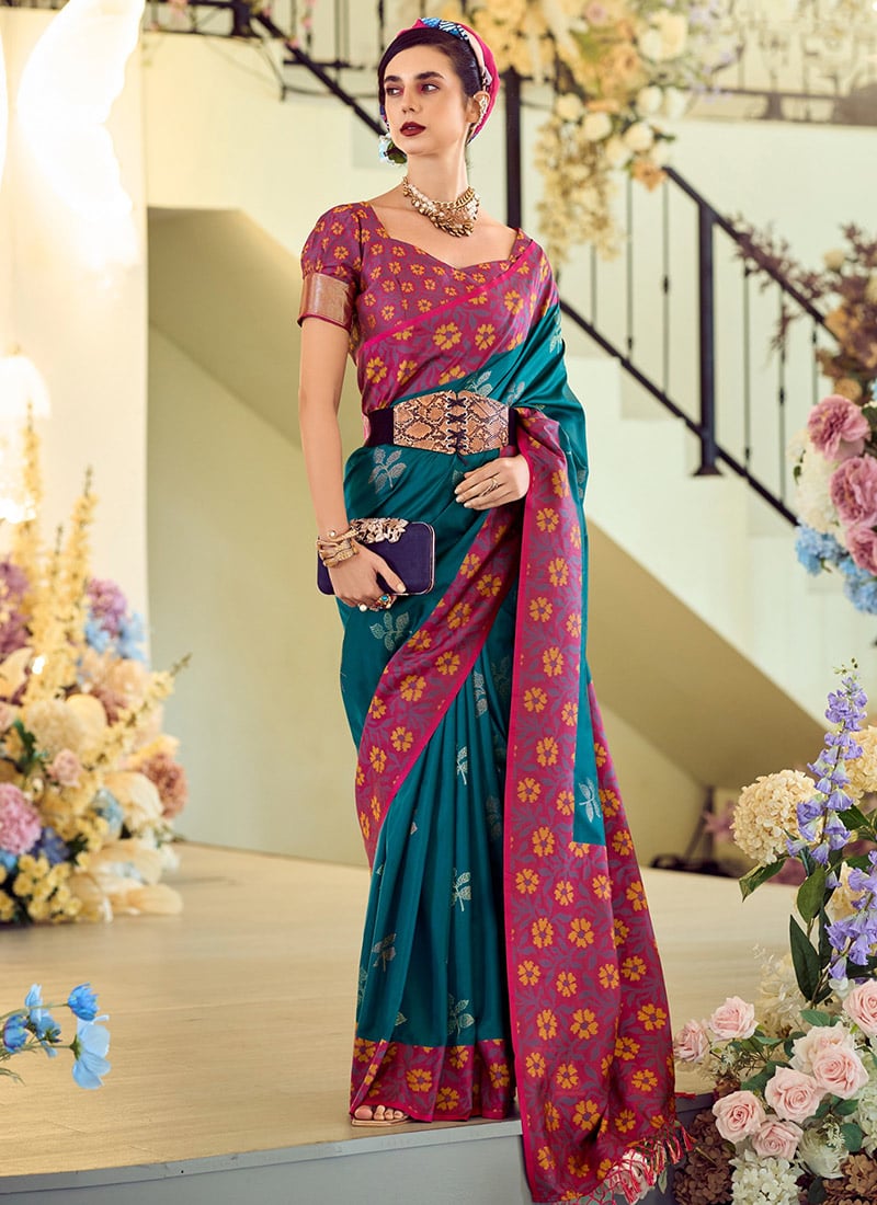 Teal Soft Silk Jacquard Woven Saree Festive Wear