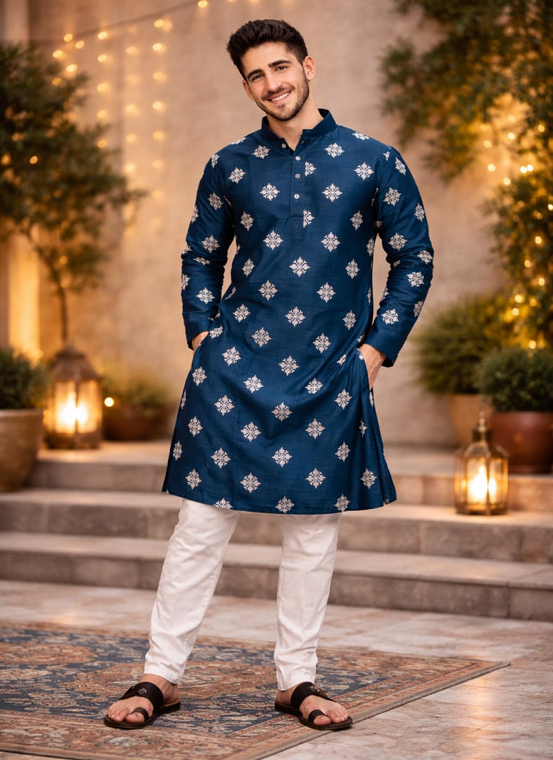 Teal Soft Silk Sequins Kurta Pyjama Festive Wear