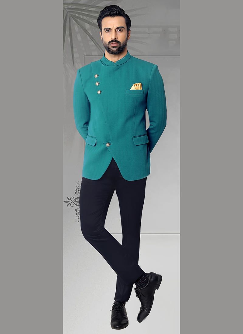 Teal Terry Rayon Jodhpuri Suit Wedding Wear