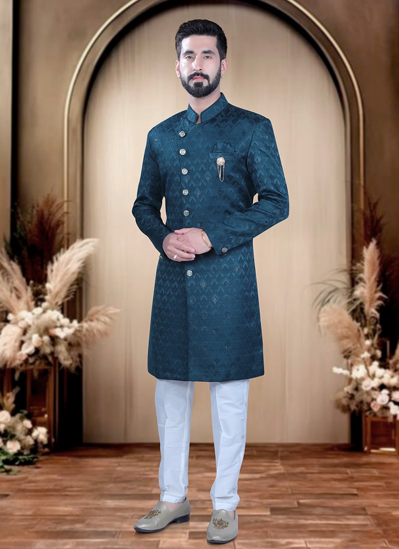 Teal Terry Rayon Sequins Work Indowestern Sherwani  For Men Wedding Wear