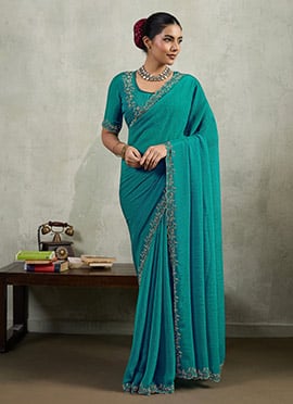 Teal Tikki Work Chinon Saree
