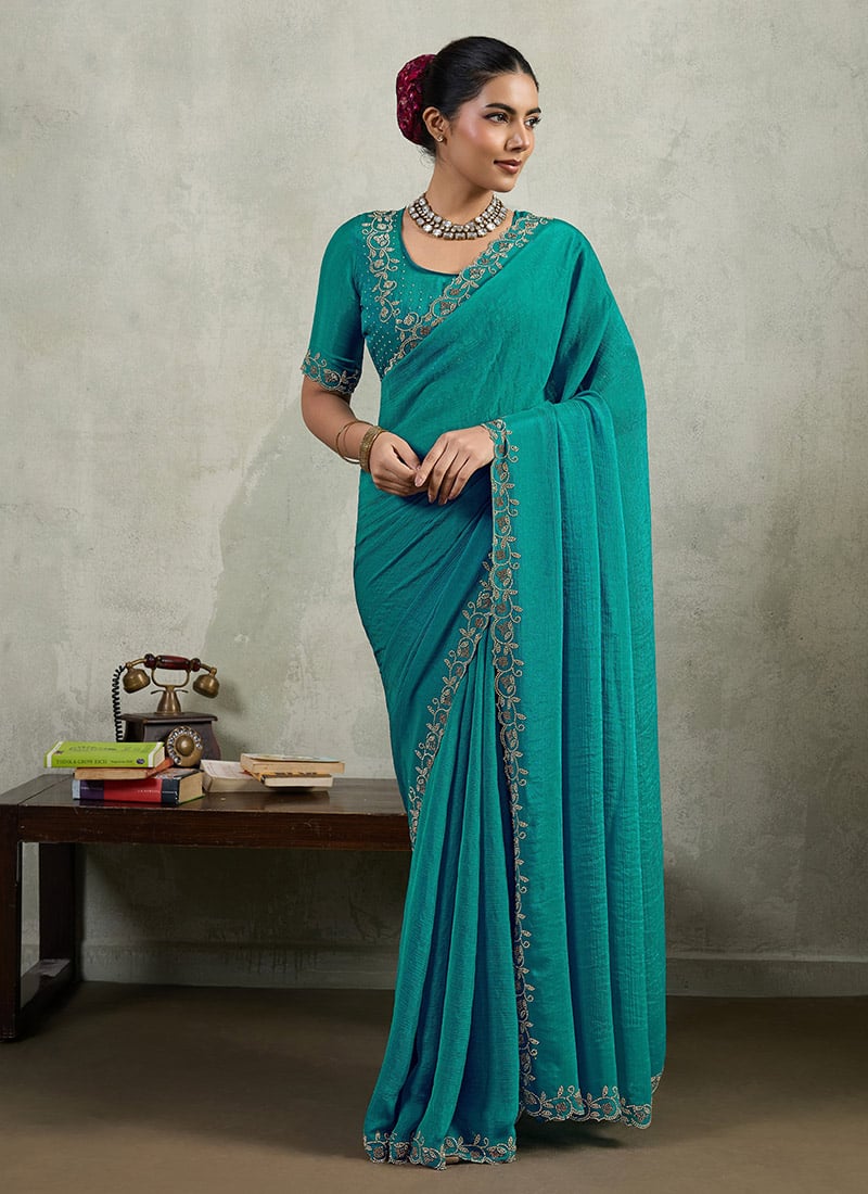 Teal Tikki Work Chinon Saree Festive Wear