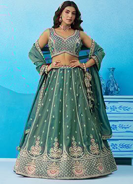 Teal Tissue Embroidered Sequins Beads Zari Lehenga