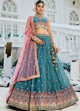 Teal Tissue Embroidered Sequins Lehenga Wedding Wear