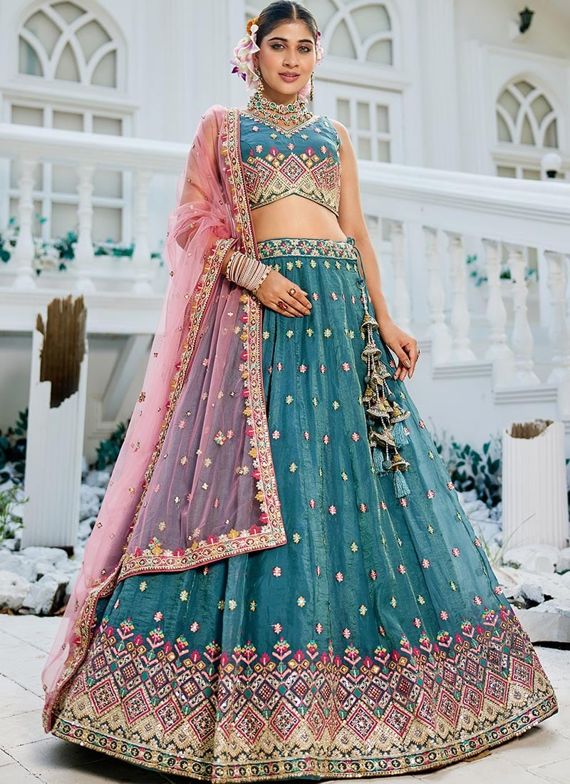 Teal Tissue Embroidered Sequins Lehenga Wedding Wear