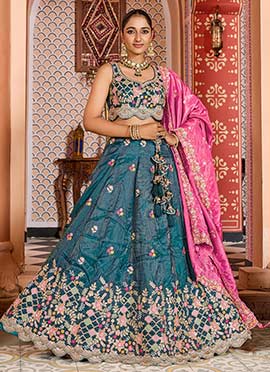 Teal Tissue Embroidered Sequins With Stone Work Lehenga Set