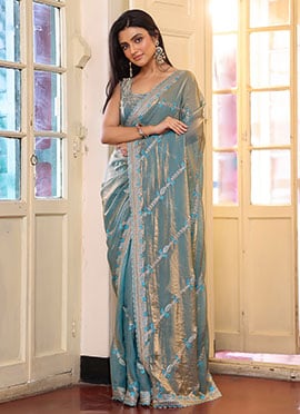 Teal Tissue Embroidered Stone Work Saree