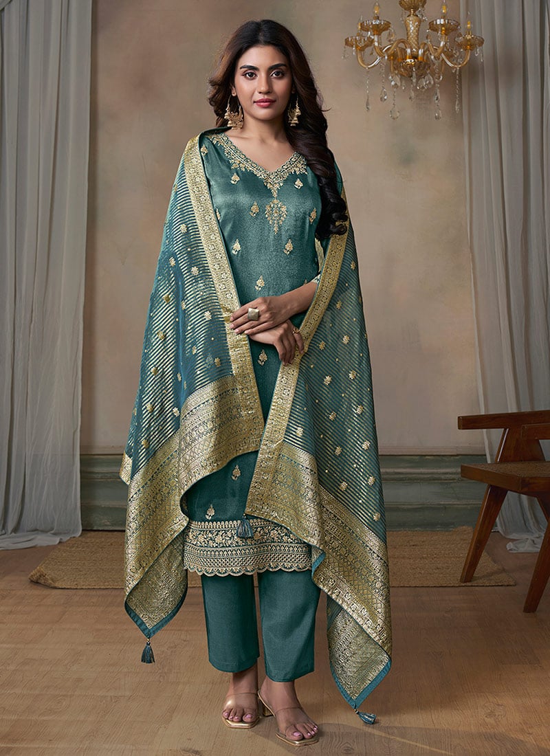 Teal Tissue Pitta Work Straight Pant Suit Festive Wear