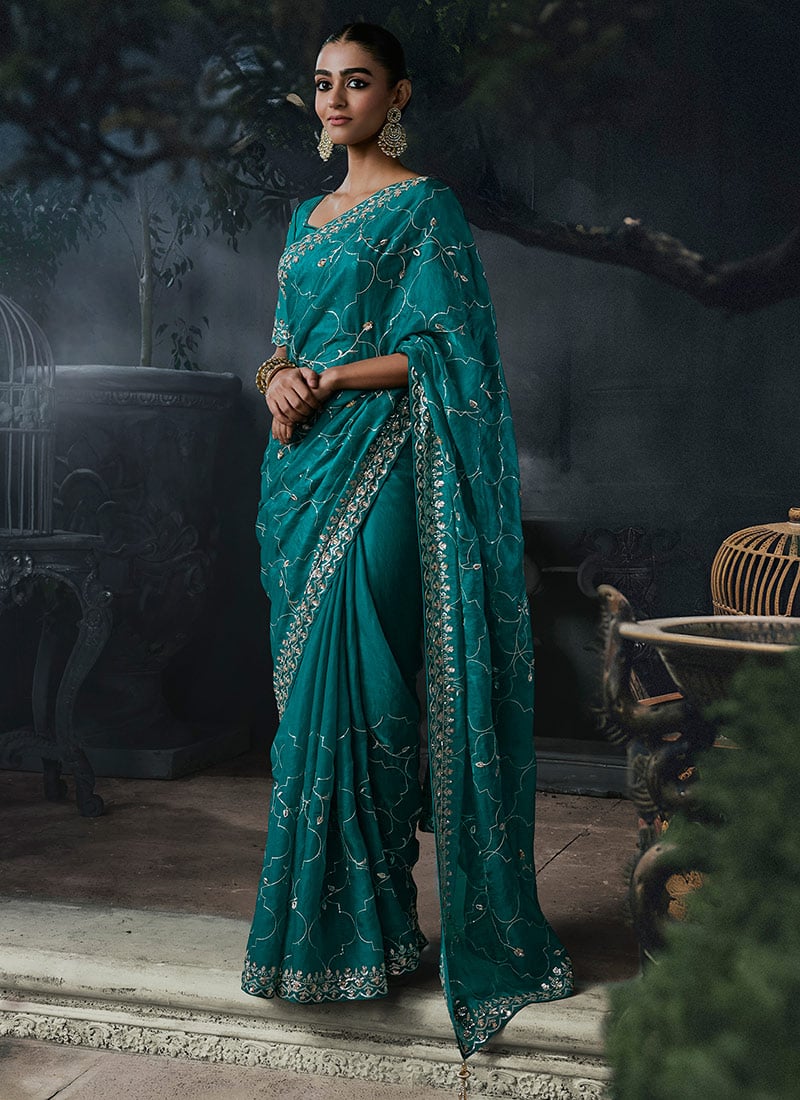 Teal Tissue Silk Floral Embroidery Sequins Saree Wedding Wear