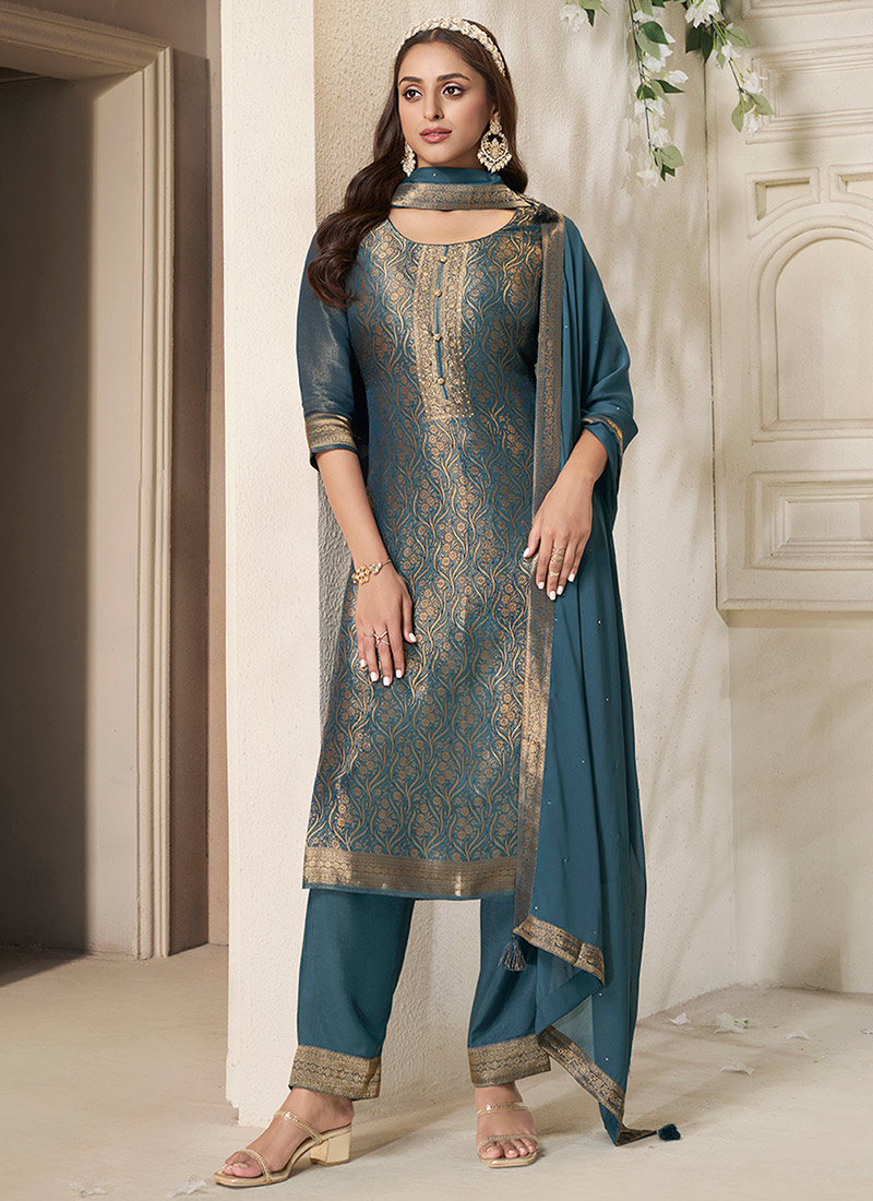 Teal Tissue Silk Jacquard Woven Straight Pant Suit Festive Wear