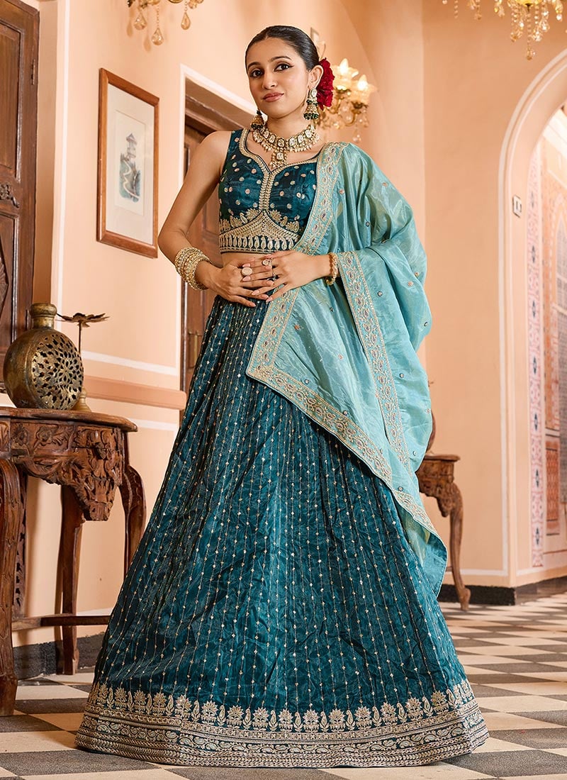 Teal Tissue Silk Zari Embroidered Sequins Lehenga Wedding Wear