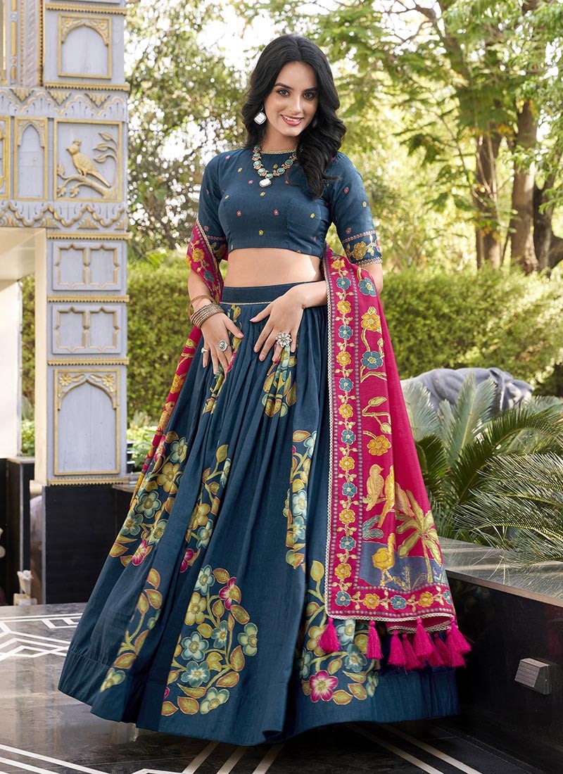 Teal Tussar Silk Foil Print Lehenga Festive Wear