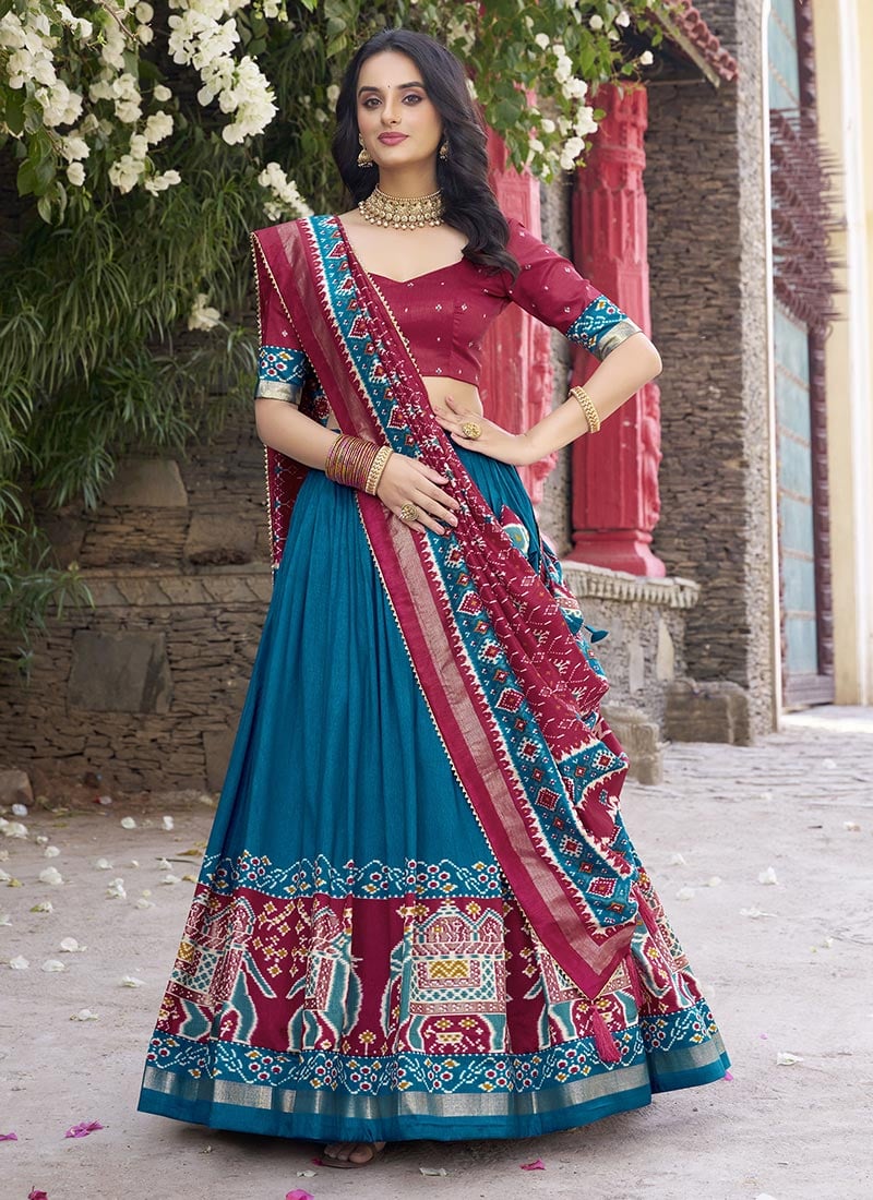 Teal Tussar Silk Zari Patola Print Umbrella Lehenga Festive Wear