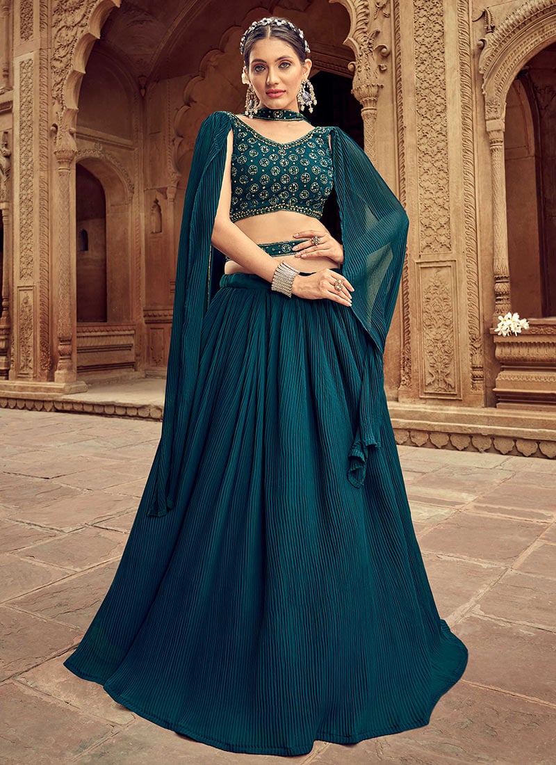 Teal Umbrella Lehenga With Hand And Stone Work Party Wear