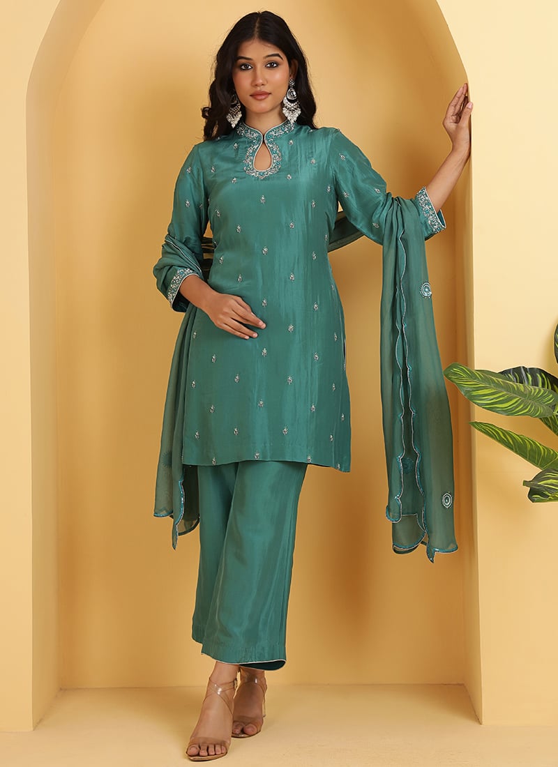 Teal Upada Silk Hand Embroidered Sequin Straight Pant Suit Festive Wear