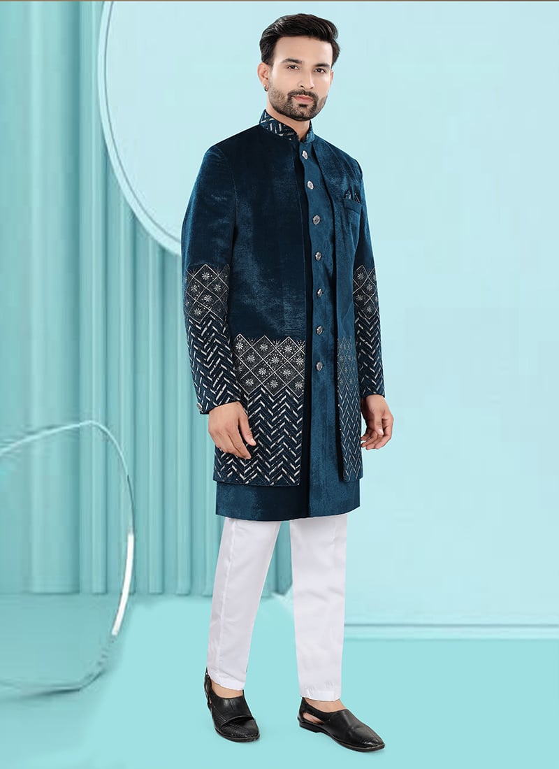 Teal Velvet Embroidered Sequins Indowestern Sherwani Wedding Wear