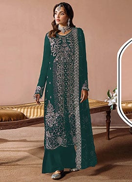 Teal Velvet Embroidered Sequins Pakistani Palazzo Suit