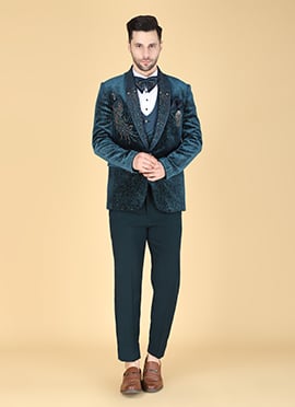 Teal Velvet Embroidered Zari Beads Tuxedo Suit