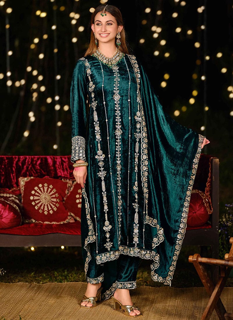 Teal Velvet Sequins Embroidered Hand Work Beads Straight Pant Suit Festive Wear