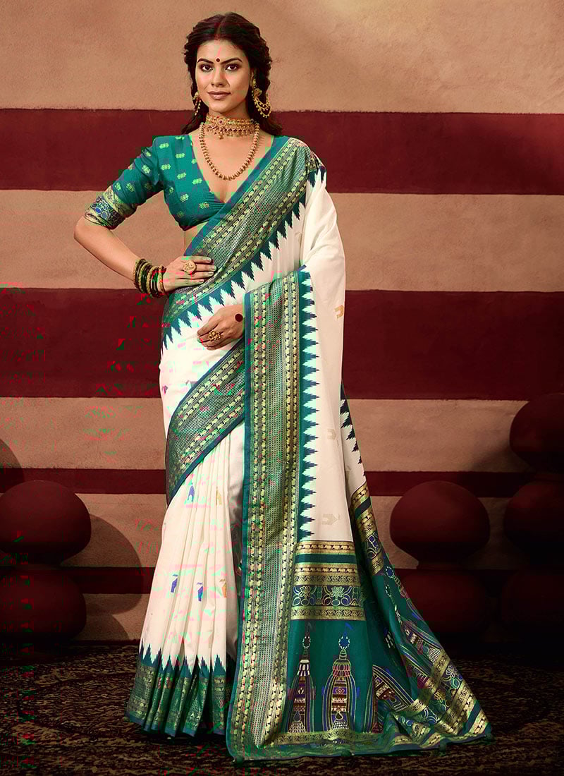 Teal Velvet Tussar Silk Jacquard Foil Print Sambalpuri Foil Print Saree Festive Wear