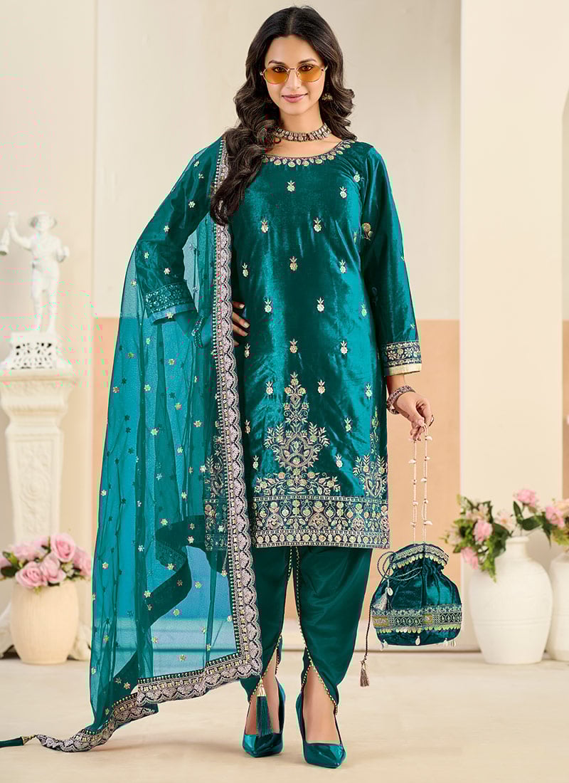 Teal Velvet Zari Embroidered Dhoti Suit Festive Wear