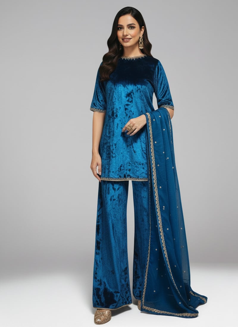 Teal Velvet Zari Sequins Beads Palazzo Suit Festive Wear