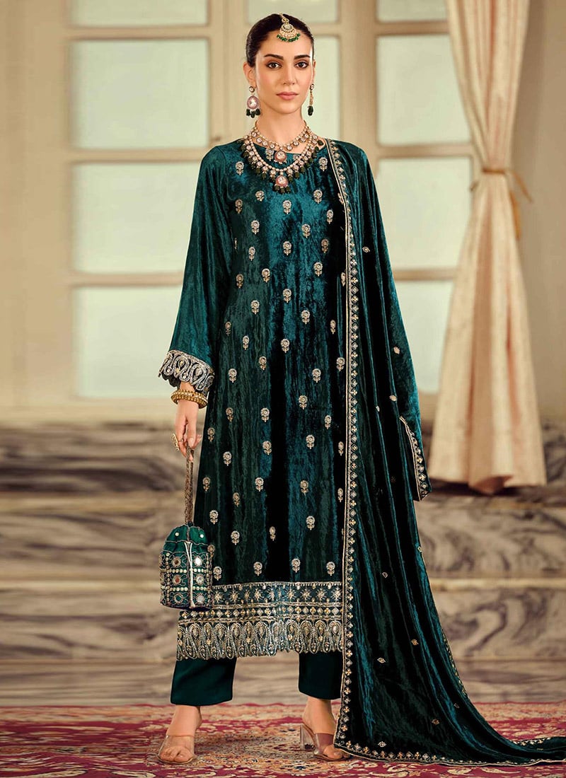 Teal Velvet Zari Stone And Beads Work Straight Pant Suit Festive Wear