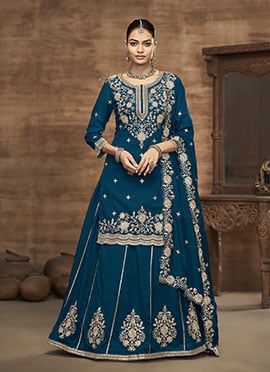 Teal Vichitra Silk Embroidered A Line Lehenga