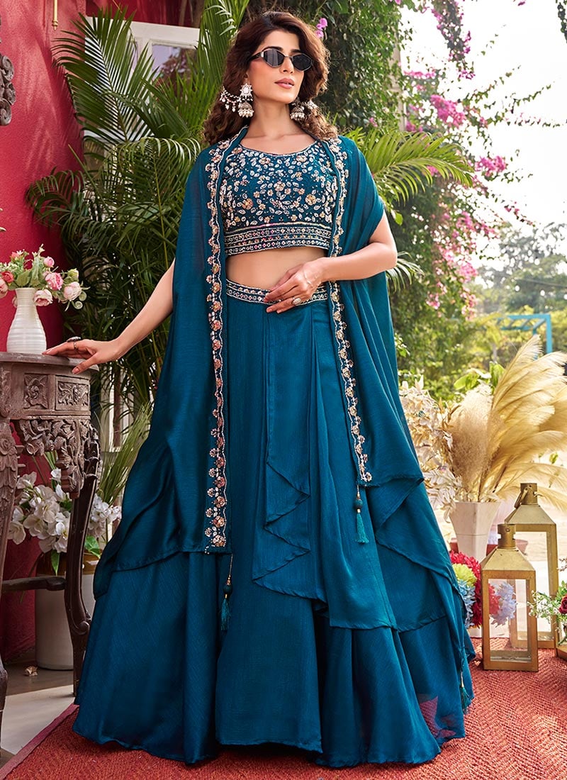 Teal Vichitra Silk Embroidered Indo Western Jacket Skirt Set Wedding Wear