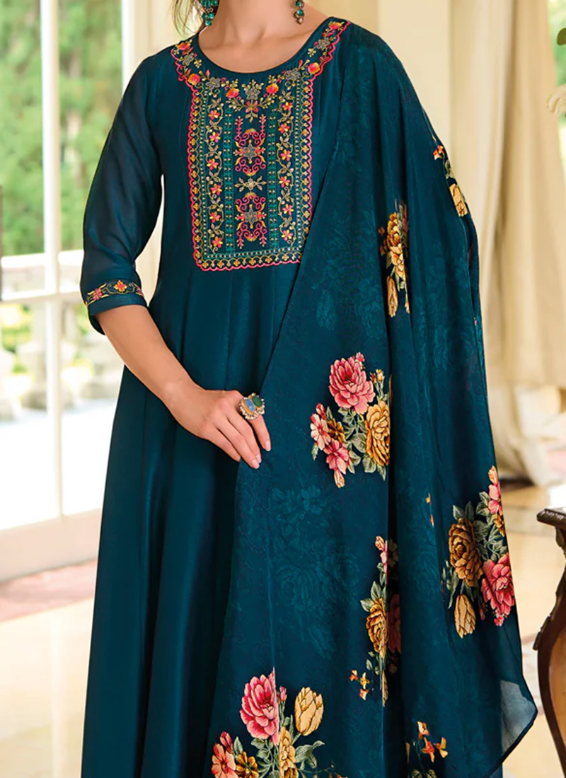 Girls Teal Vichitra Silk Party Dress with Gold Border