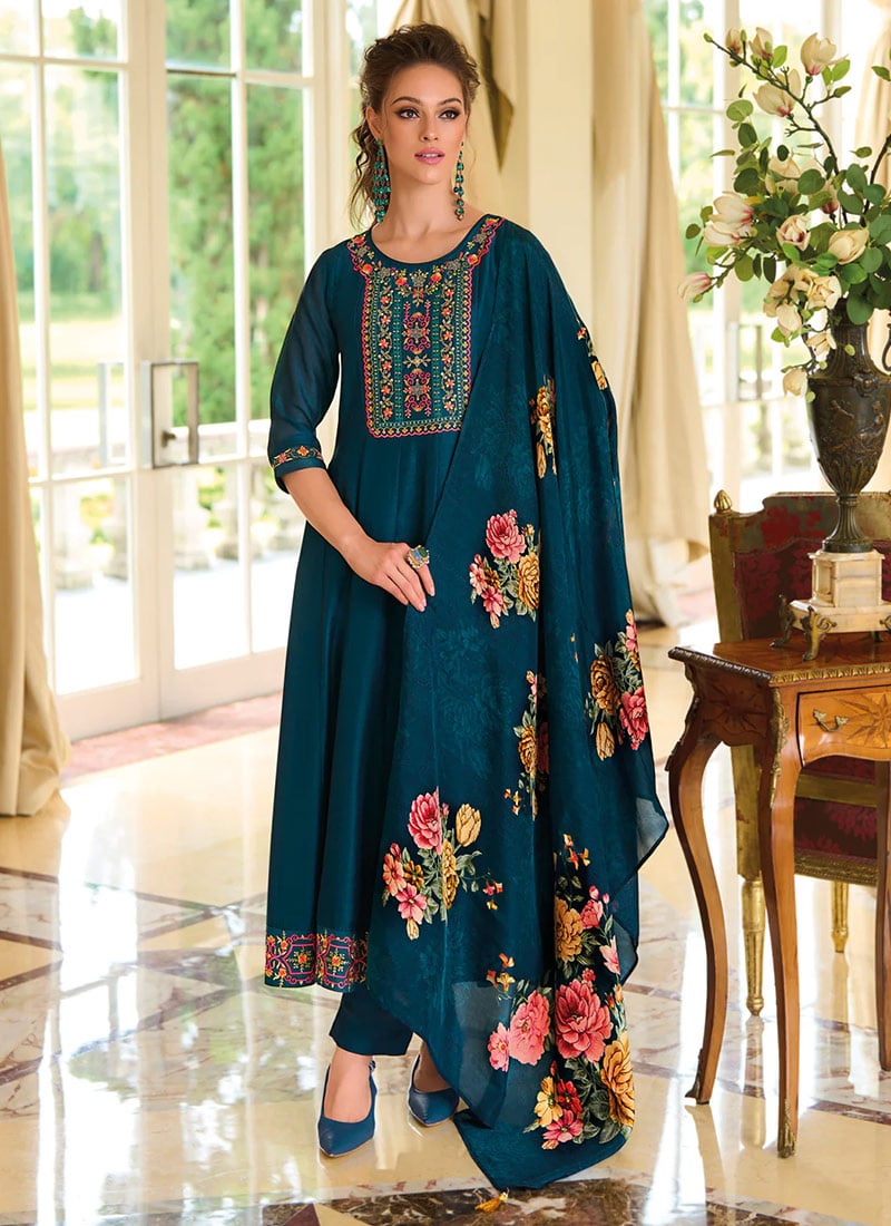 Teal Vichitra Silk Embroidered Sequins A Line Straight Pant Suit Festive Wear