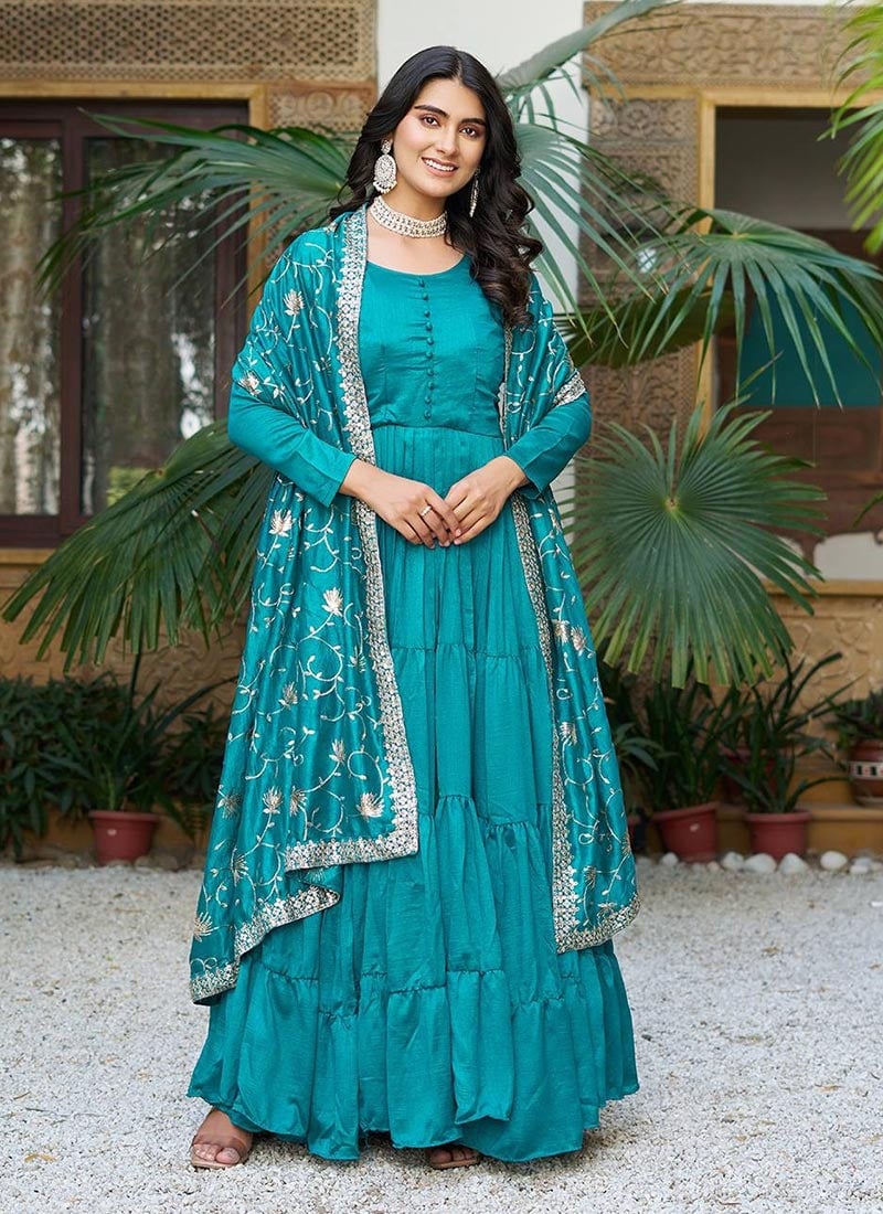 Teal Vichitra Silk Embroidered Sequins Anarkali Suit Festive Wear