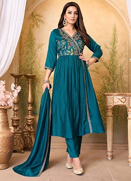 Teal Vichitra Silk Embroidered Sequins Anarkali Suit