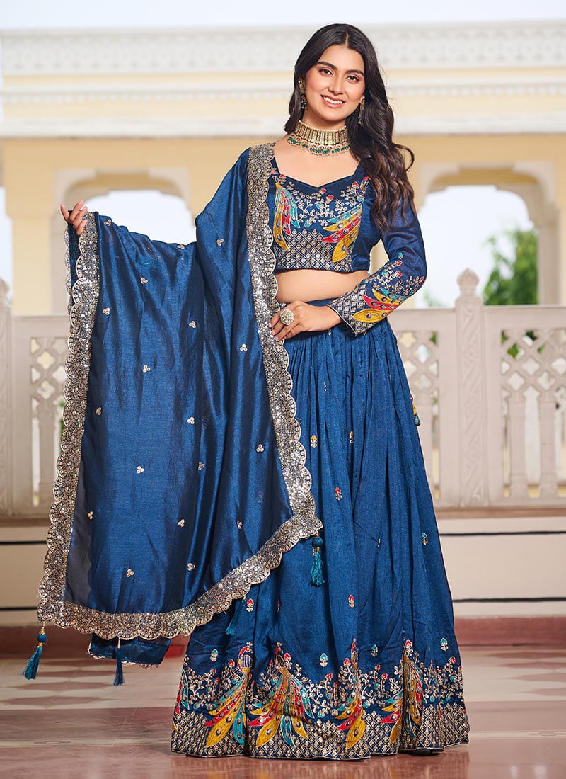 Teal Vichitra Silk Embroidered Sequins Lehenga Festive Wear
