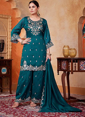 Teal Vichitra Silk Embroidered Sequins Palazzo Suit