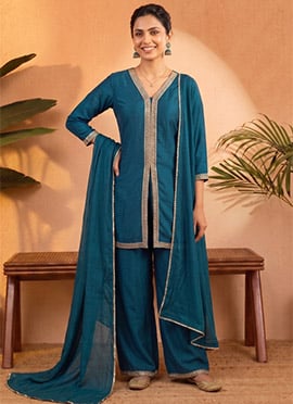 Teal Vichitra Silk Embroidered Sequins Palazzo Suit