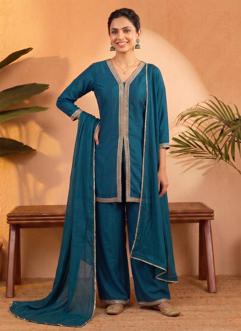 Teal Vichitra Silk Embroidered Sequins Palazzo Suit After Six Wear