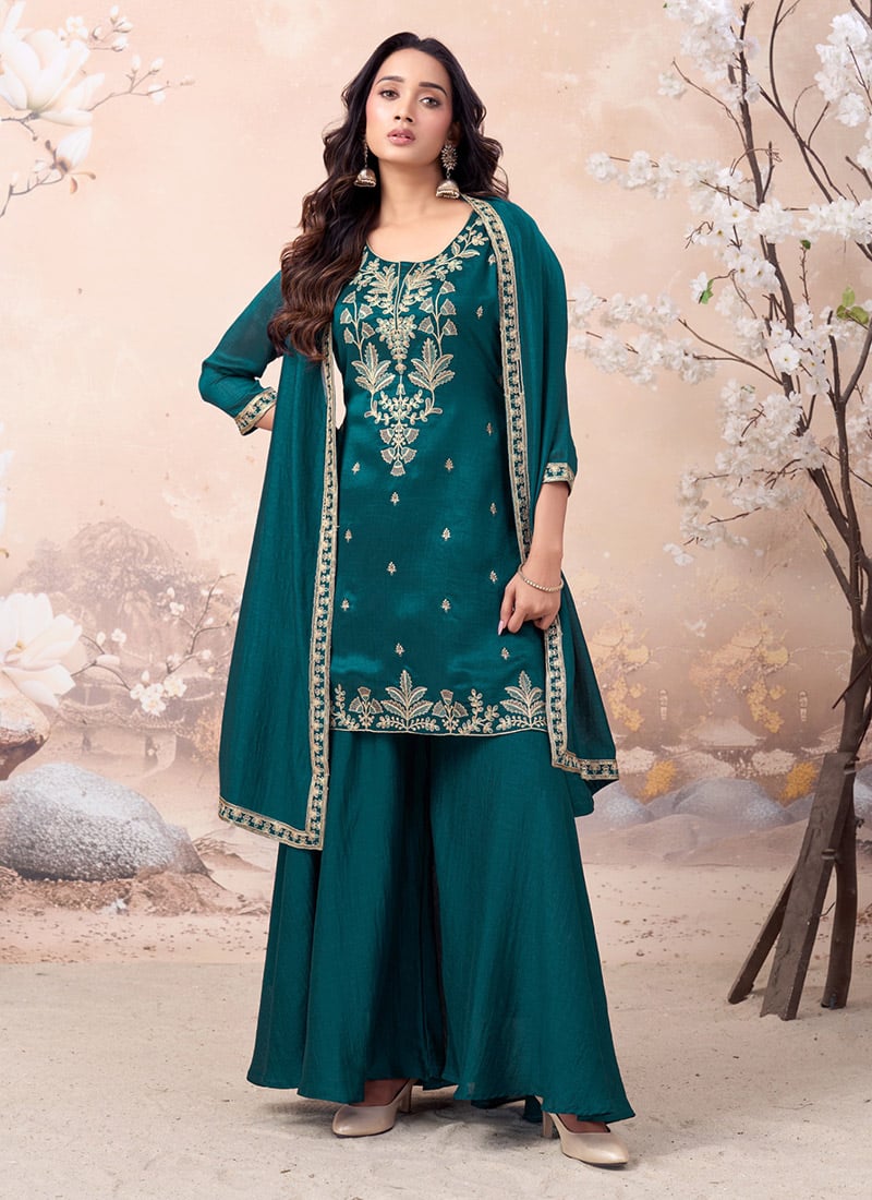 Teal Vichitra Silk Embroidered Sequins Palazzo Suit After Six Wear