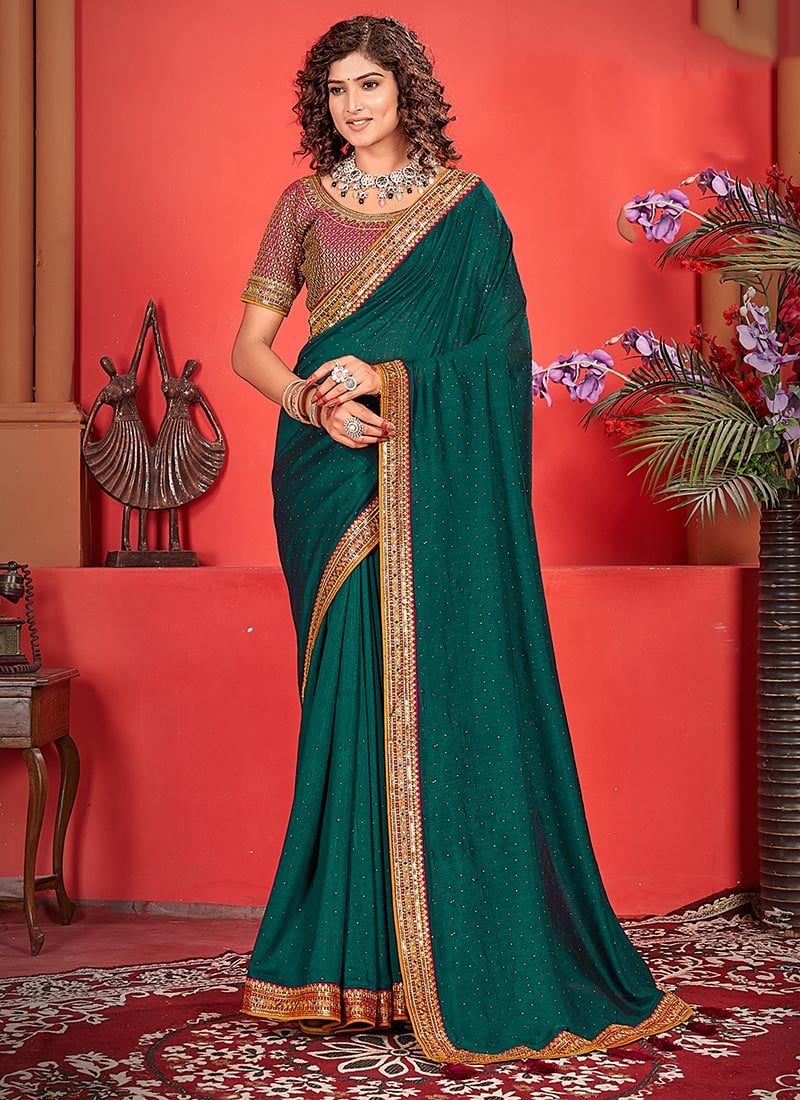 Teal Vichitra Silk Embroidered Sequins Saree Festive Wear