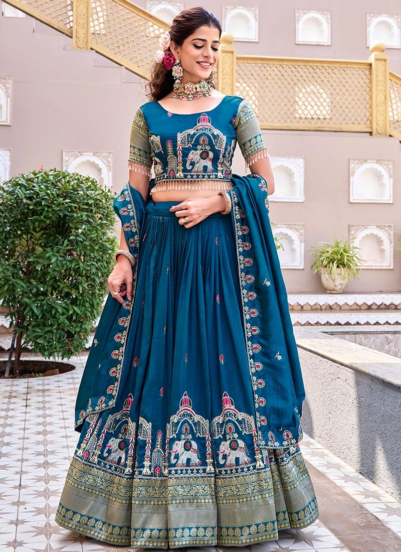 Teal Vichitra Silk Embroidered Sequins Thread Readymade Lace A Line Lehenga Wedding Wear