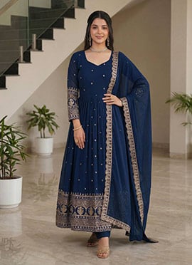 Teal Vichitra Silk Embroidered Sequins Zari Anarkali Suit