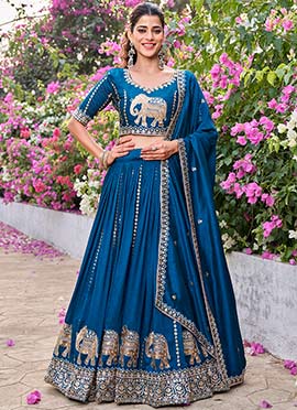Teal Vichitra Silk Embroidered Sequins Zari Thread Umbrella Lehenga