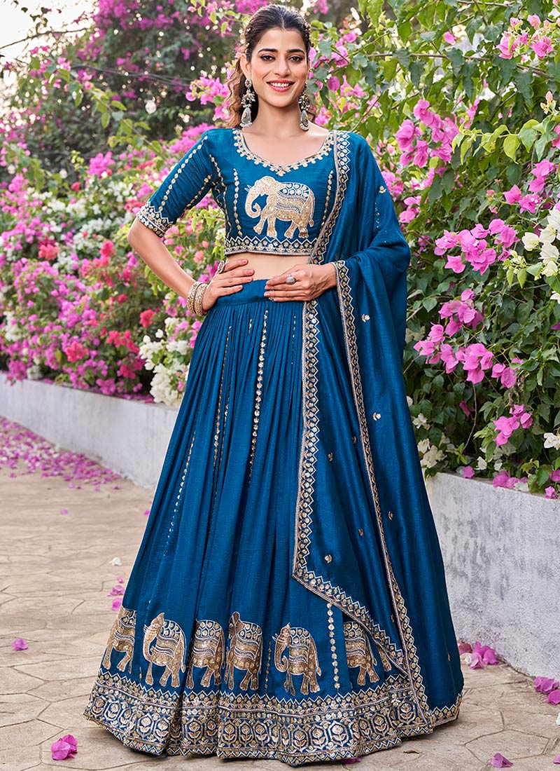 Teal Vichitra Silk Embroidered Sequins Zari Thread Umbrella Lehenga Wedding Wear