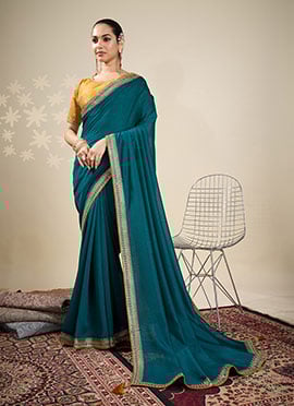Teal Vichitra Silk Embroidered Zari Saree