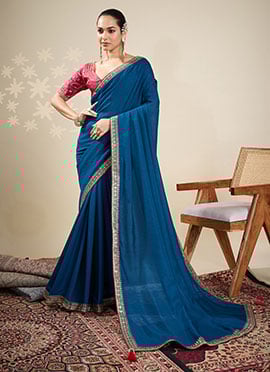 Teal Vichitra Silk Embroidered Zari Saree Festive Wear